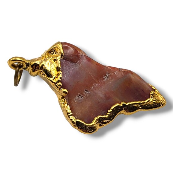 Vintage Gold Plated Natural Stone Pendant Irregular Shaped Brown Orange Marbled - Picture 5 of 7